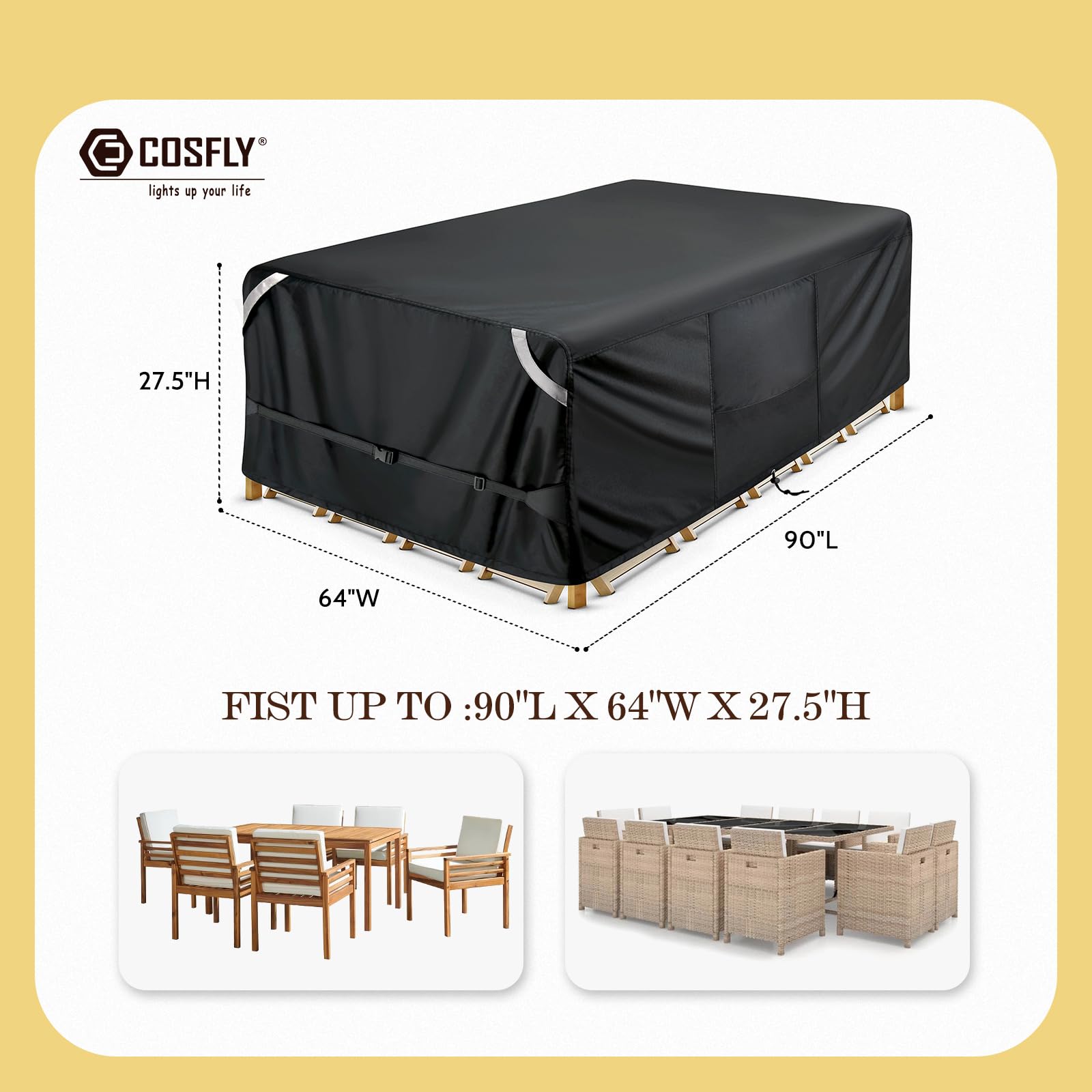 Cosfly Waterproof Patio Furniture Set Covers Durable, Outdoor Table And Chair Covers Rectangular Large - Fits Up To 90L X 64W X 27.5H Inches(Black)