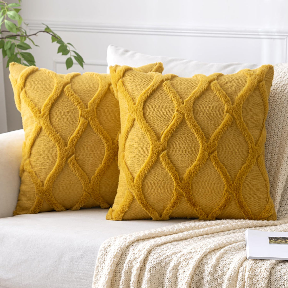 Miulee Mustard Yellow Decorative Throw Pillow Covers 18X18 Inch Set Of 2, Soft Plush Faux Wool Couch Pillow Covers Farmhouse Thr