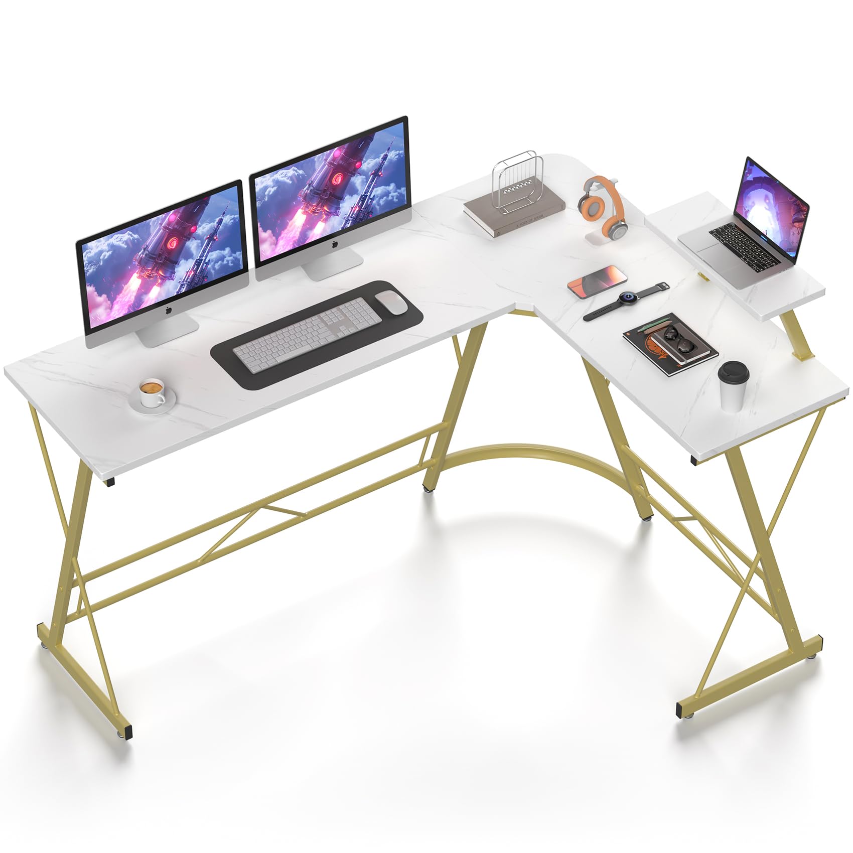 Mr Ironstone 63' L Shaped Gaming Desk, Corner Computer Desk, Home Office Writing Desk With Sturdy Monitor Shelf, Spacious L Shaped Desk Workstation, Easy To Assemble, Laminate Marble