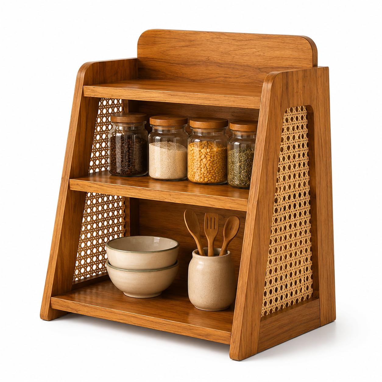 Sainistree Furniture Solid Wood Rattan 3Tier Countertop Storage Shelf, Kitchen Organizer Rack For Vegetables, Fruits, Container