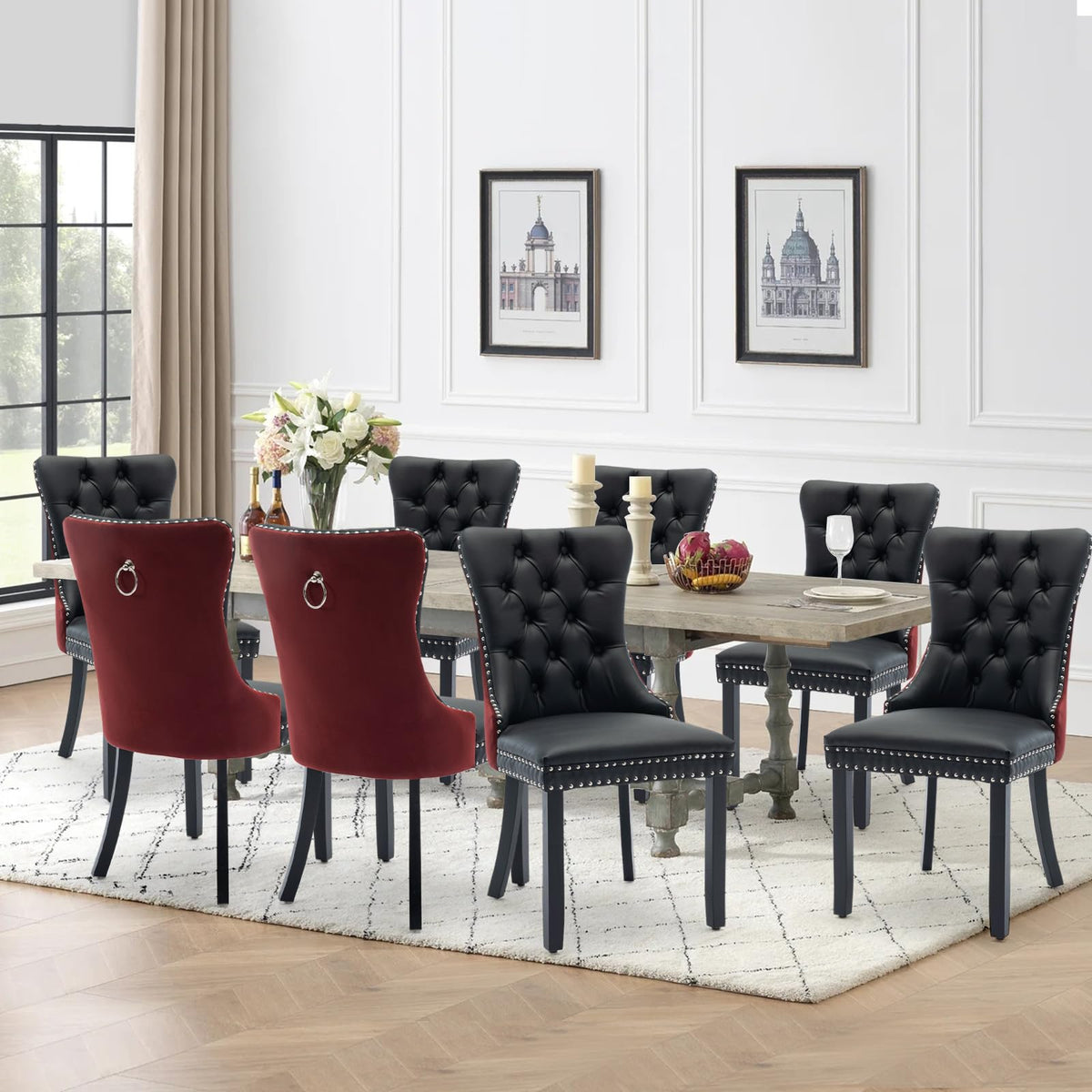 Vicbarley Leather Dining Chair Set Of 8 Upholstered Tufted Dining Room Chair With Nailhead Trim And Rubber Wood Legs For Kitchen
