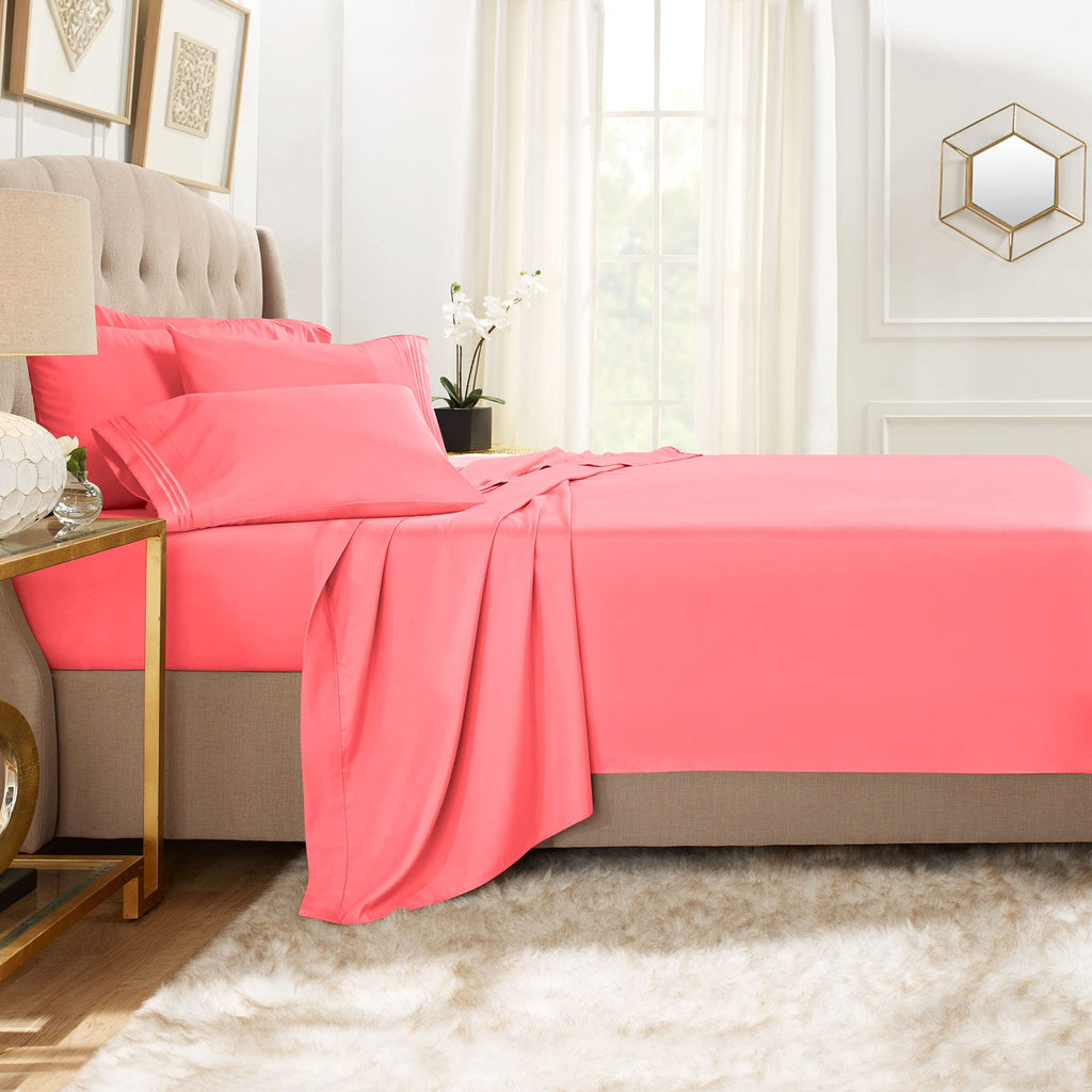 Clara Clark Twin Sheets, 5 Piece Set - Hotel Luxury Sheets For Twin Size Bed, Super Soft Bedding Sheets & Pillowcases, Twin Size Sheets, Coral Pink