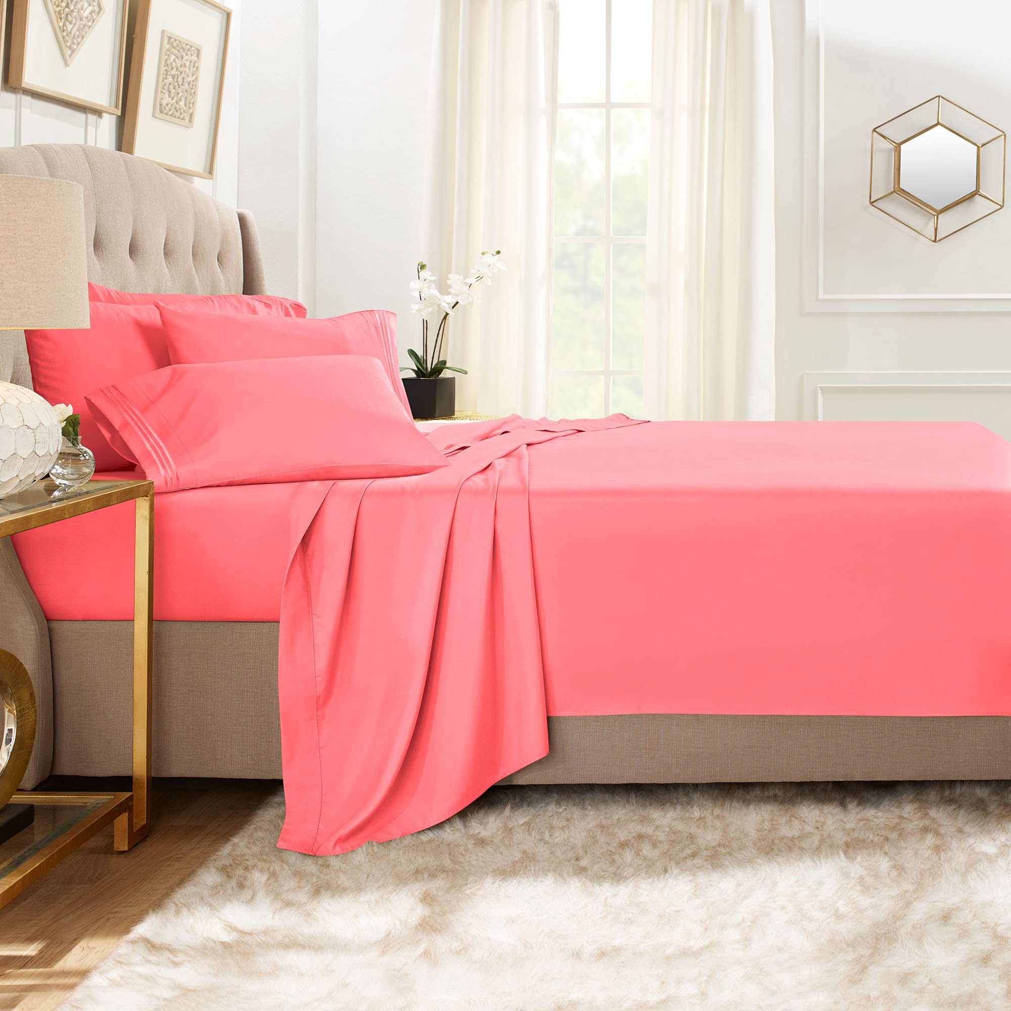 Clara Clark Twin Sheets, 5 Piece Set - Hotel Luxury Sheets For Twin Size Bed, Super Soft Bedding Sheets & Pillowcases, Twin Size Sheets, Coral Pink