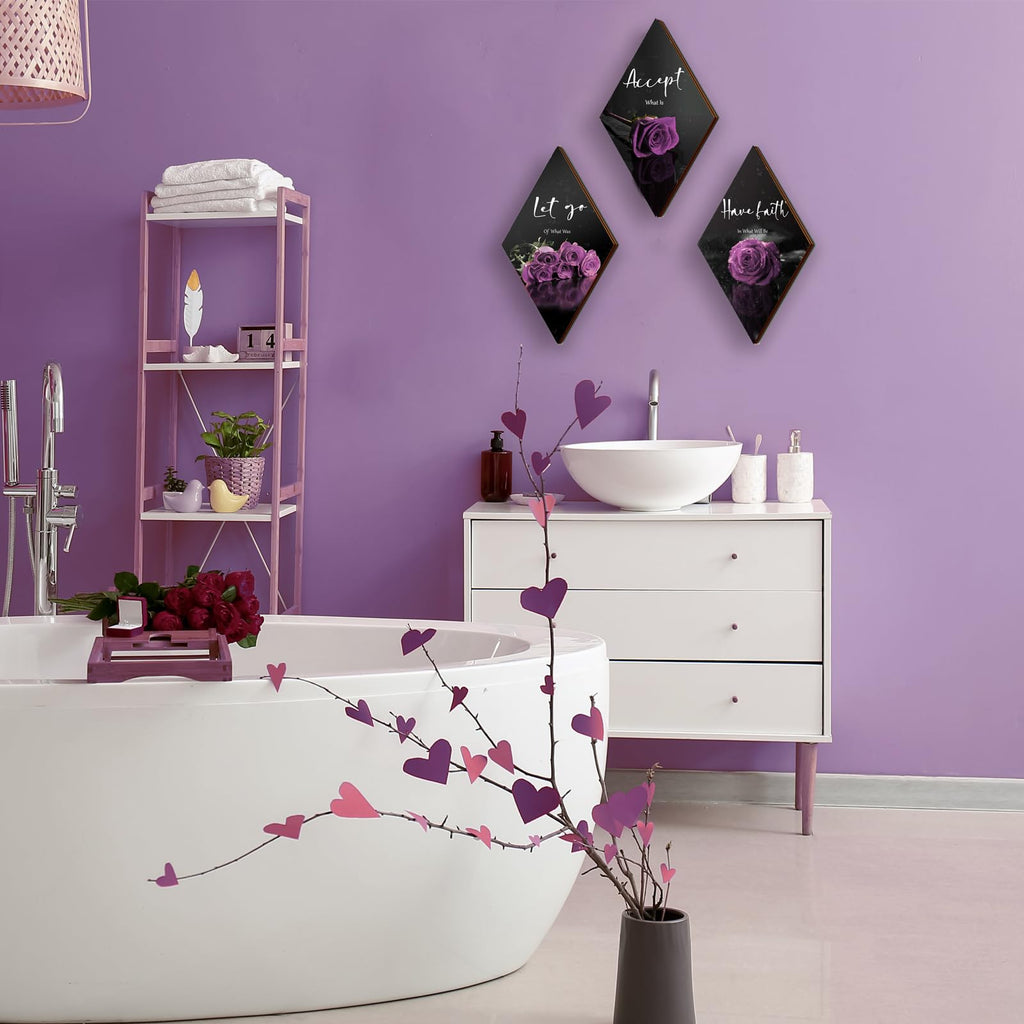 3 Pcs Purple Wall Decor Inspirational Purple Rose Bathroom Decor Wooden Purple Wall Art Office Wall Decor With Accept Let Go Hav