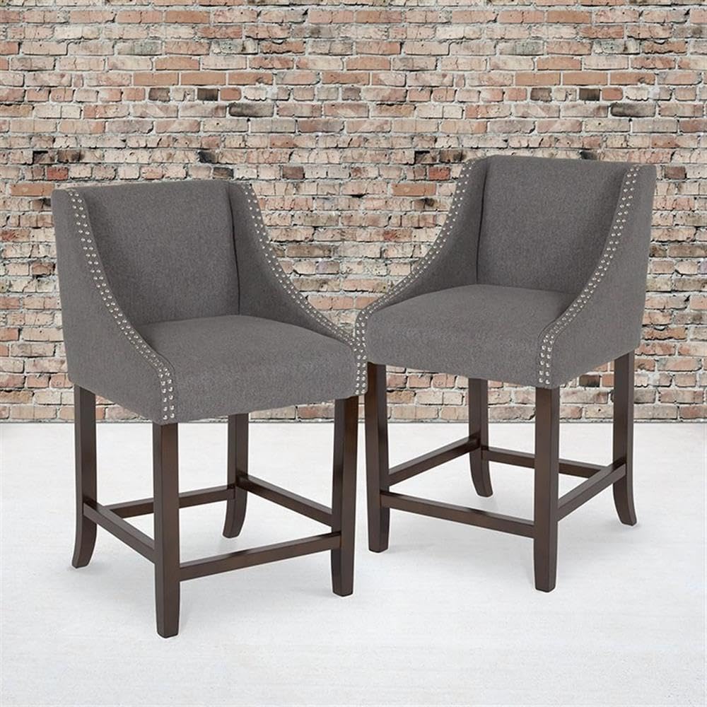 Flash Furniture Carmel Series 24&quot; High Transitional Walnut Counter Height Stool With Nail Trim In Dark Gray Fabric, Set Of 2