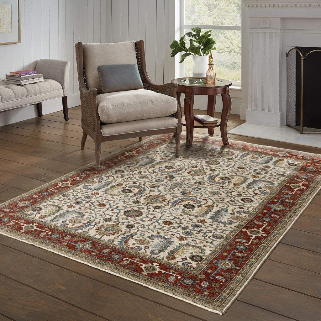 HomeRoots 507988 10 x 13 ft. Ivory Red Green Gray Blue & Navy Oriental Power Loom Stain Resistant Rectangle Area Rug with Fringe