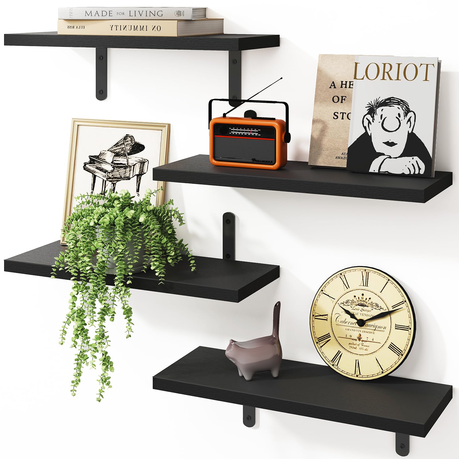 Fixwal Floating Shelves For Wall, 4 Sets Wall Shelves Farmhouse Wood Wall Shelf Wall Mounted Floating Shelves For Bedroom Decor, Bathroom Storage, Book Shelf For Wall - Black
