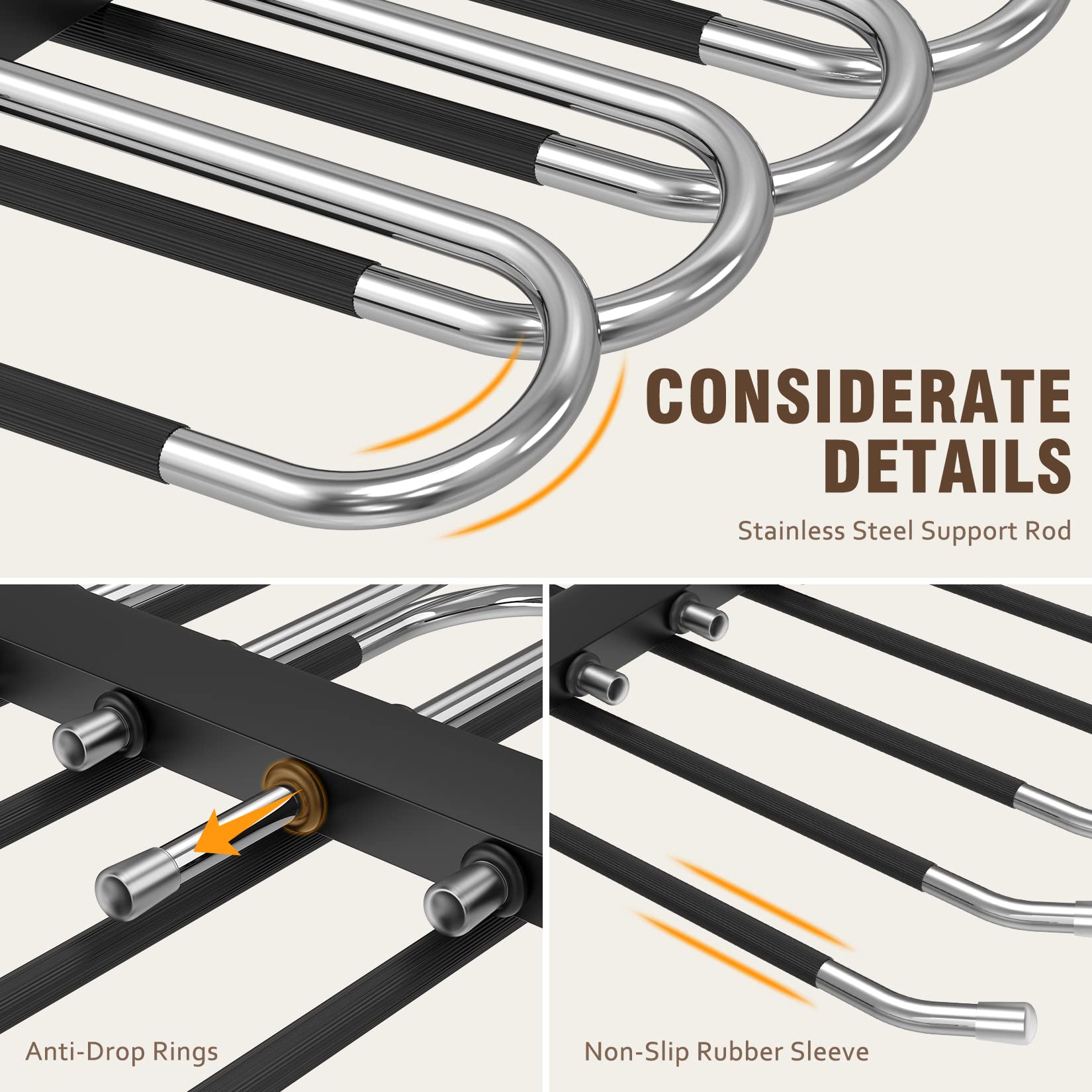 Huitem Space Saving 6 Tier Pant Hangers, Anti-Slip, Stainless Steel, 2 Pack, Black