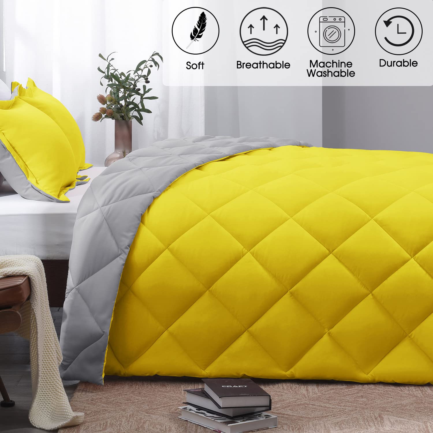 Basic Beyond Twin Comforter Set - Yellow And Gray Comforter Set Twin, Reversible Twin Bed Comforter Set For All Seasons, Yellow/Grey, 1 Comforter (66'X92') And 1 Pillow Sham (20'X26'+2')