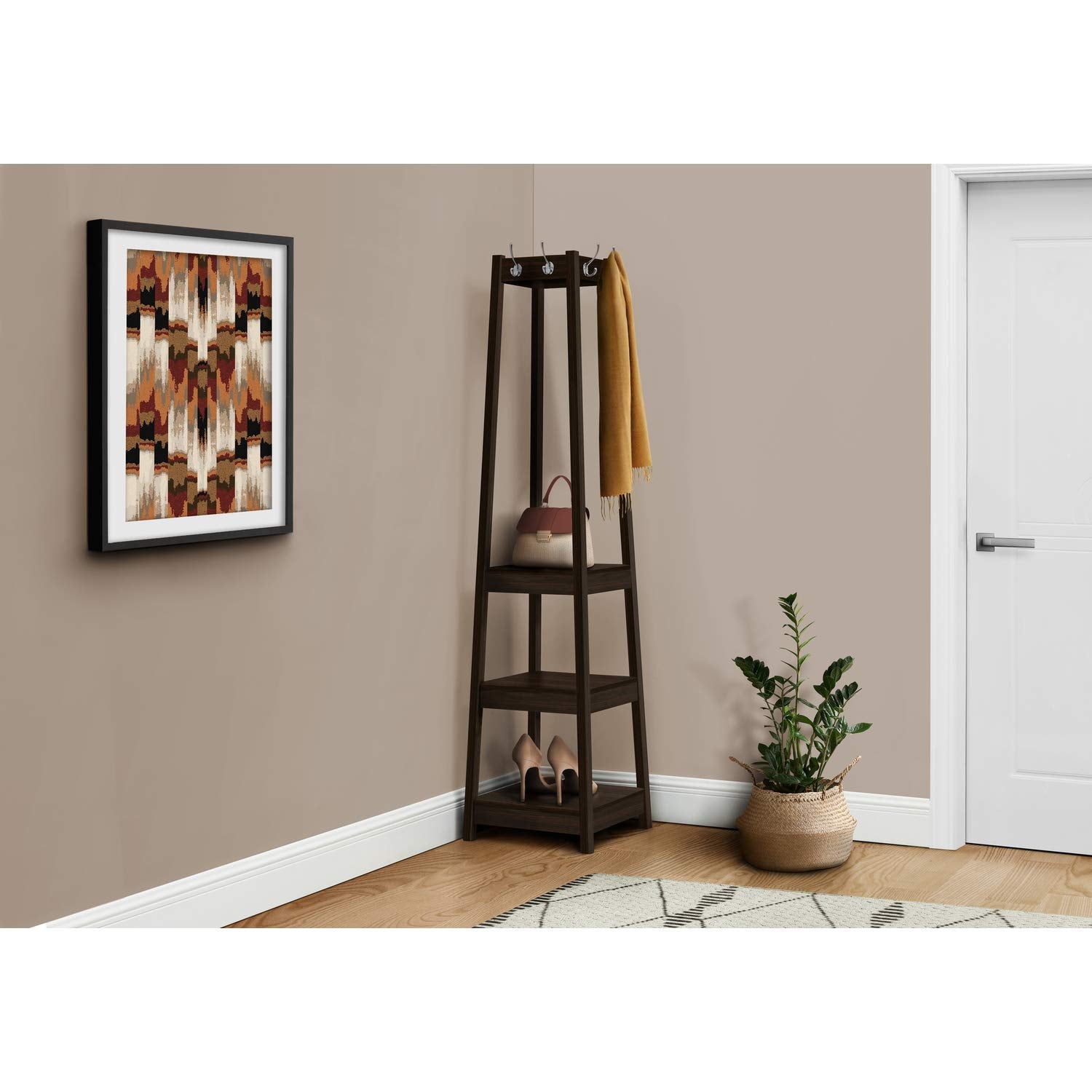 Monarch Specialties 4 Hooks and 3 Shelves Hanger Hanging for Entryway Hallway or Office Free Standing Hall-Tree, Espresso