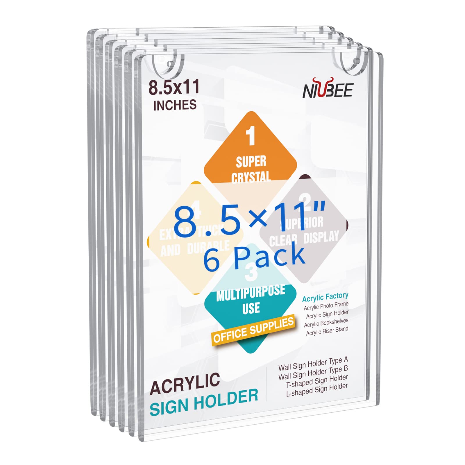 Niubee 6 Pack Acrylic Wall Sign Holder 8.5X11 Vertical, Clear Plastic Picture Frame, Wall Mounted Design, Support No Drilling(Pr