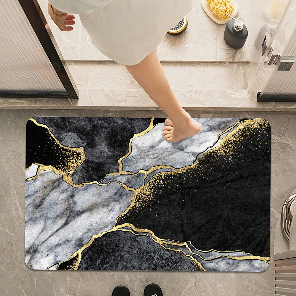 Bath Mat Rug,Black White Gray and Gold Marble NonSlip Super Absorbent Quick Drying Bathroom Floor Mat,Fit Under Door,Easy to Cl