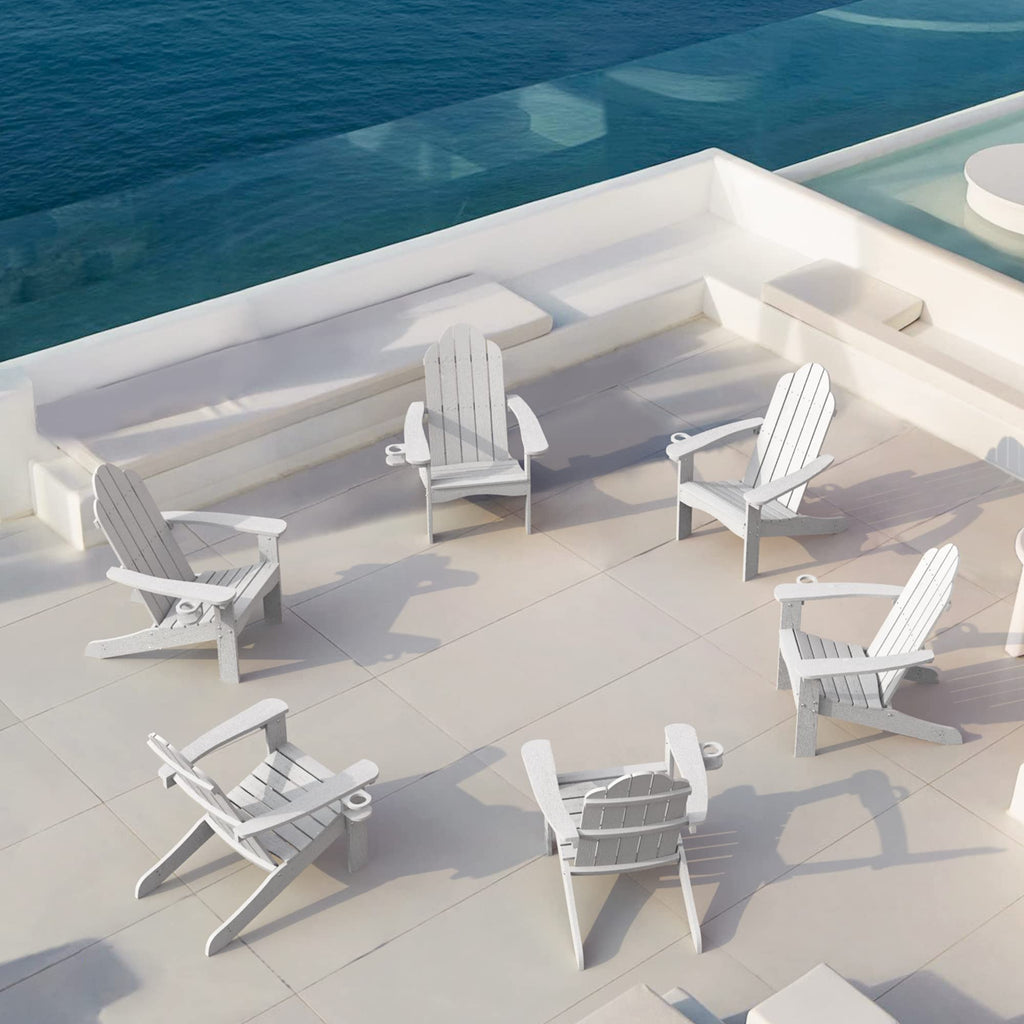 Lue Bona Hdps Adirondack Chairs Set Of 6, Fire Pit Outdoor Chair Weather Resistant With Cup Holder, Modern Plastic Chair Plastic For Patio, Deck, Proch, 350Lbs, White