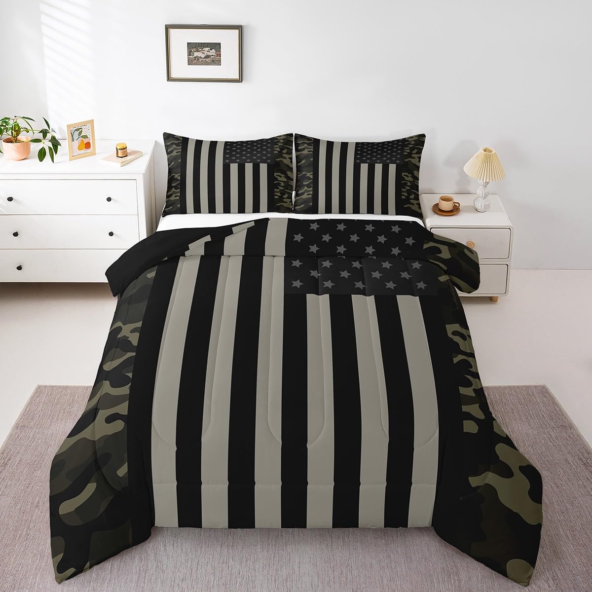 American Flag Comforter Set Full Military Camo Down Comforter,Retro Army Green Camouflage Usa Flag Bedding Set For Kids Boys Tee