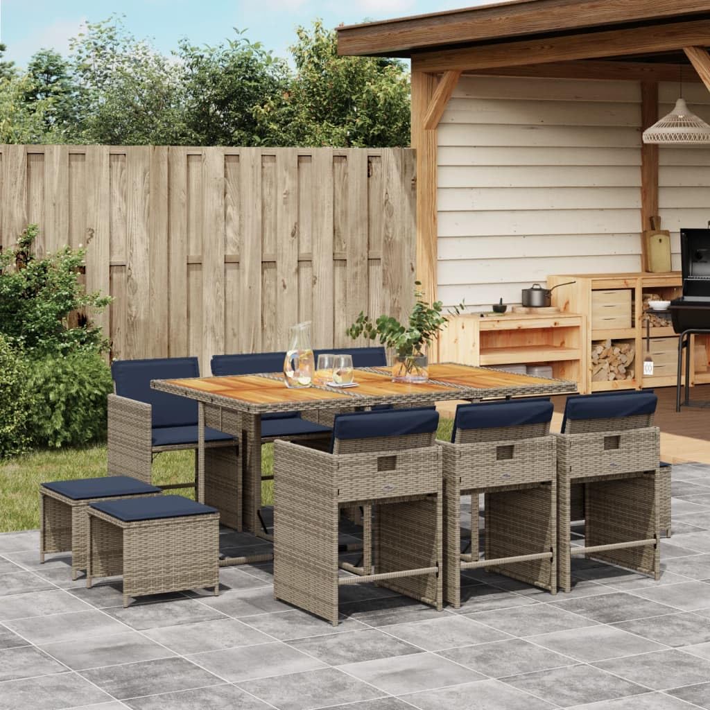 vidaXL 11-Piece Patio Dining Set with Cushions – PE Rattan, Powder-Coated Steel, Acacia Wood, Navy Blue Cushions, Gray/Brown, Space-Saving for Outdoor, Garden, Backyard Use