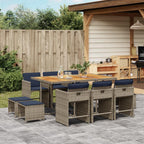 vidaXL 11-Piece Patio Dining Set with Cushions – PE Rattan, Powder-Coated Steel, Acacia Wood, Navy Blue Cushions, Gray/Brown, Space-Saving for Outdoor, Garden, Backyard Use