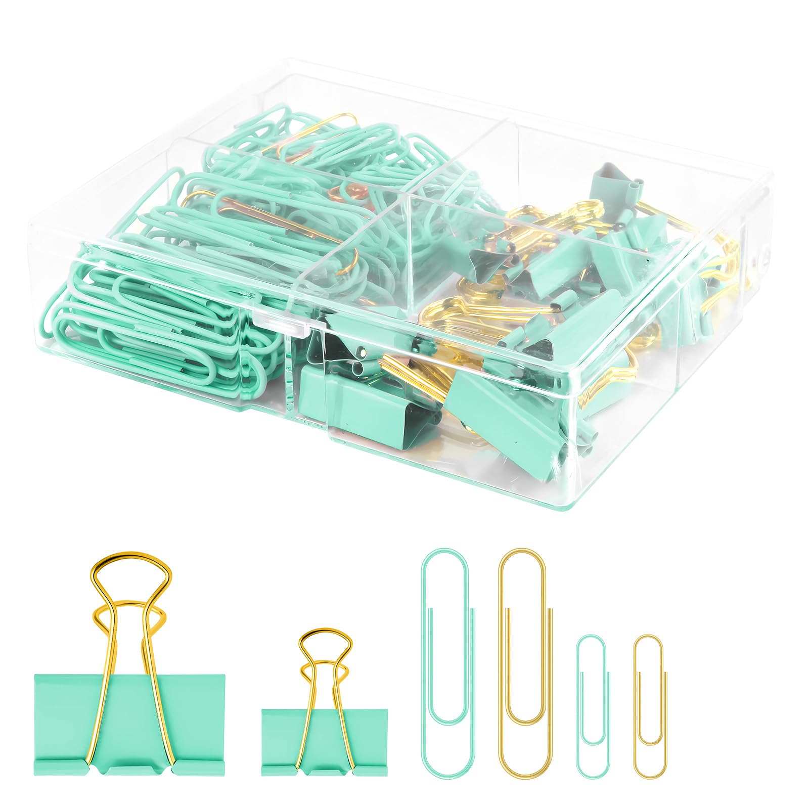 Creechwa Cute Paper Clips Binder Clips Combo Set, 165 Psc, Assorted Size Paper Clips For Office, Cute Office Supplies Set, Green