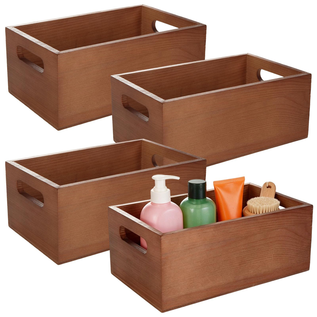 FWEEK Wood Organizer Open Box 4 Packs, 6x 10x 4Wooden Storage Container with Handle for Bathroom and Kitchen