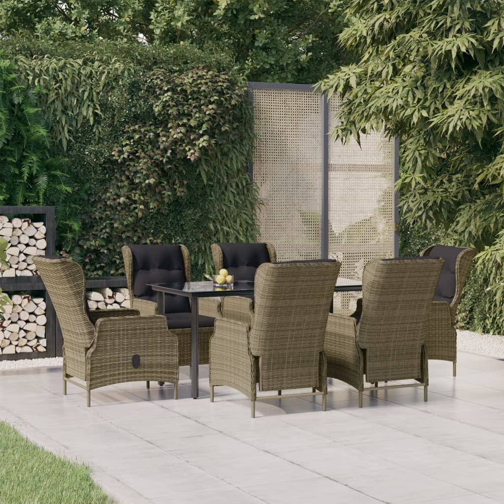 vidaXL Patio Dining Set 7 Piece, Rattan Patio Conversation Set, Outdoor Dining Chair Features Reclining Function, Modern Style, Brown Poly Rattan
