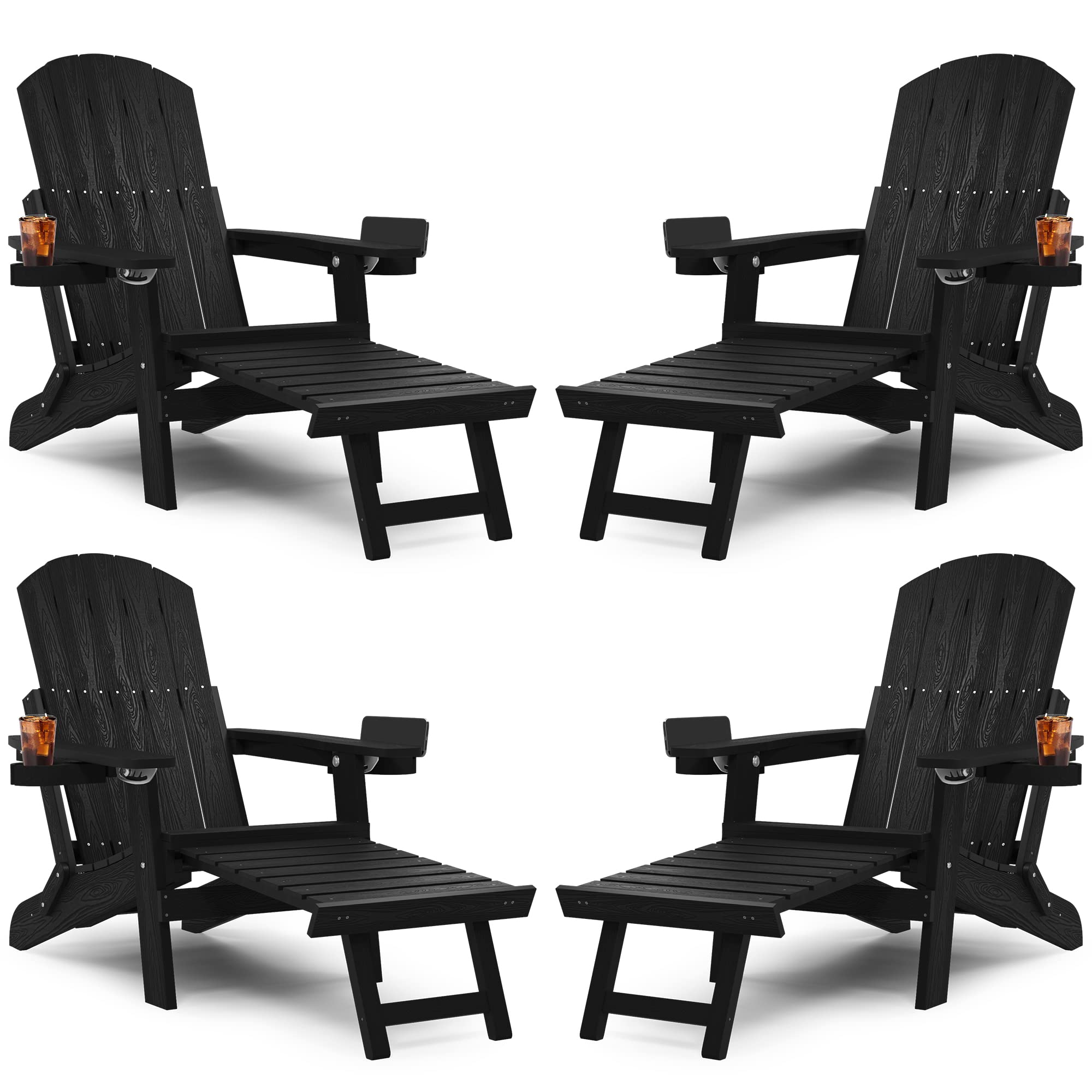 Yefu Adirondack Chair With Ottoman Set Of 4, Adjustable Backrest Adirondack Chairs, Folding Outdoor Fire Pit Chair With 2 Cup-Holders, Weather Resistant For Patio Lawn Garden Pool, 380Lbs (Black)
