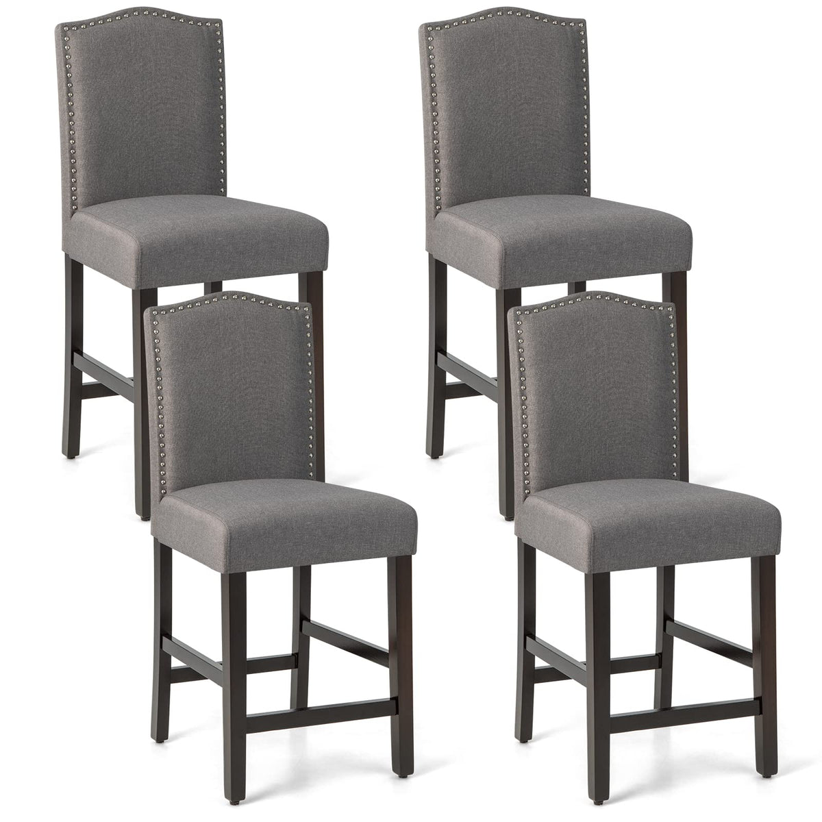 Giantex Bar Stools Set Of 4, 25' Counter Height Bar Dining Chairs With Rubber Wood Legs, Footrest, Max Load 330 Lbs, Nailed Upholstered Barstools With Back For Kitchen Island, Grey