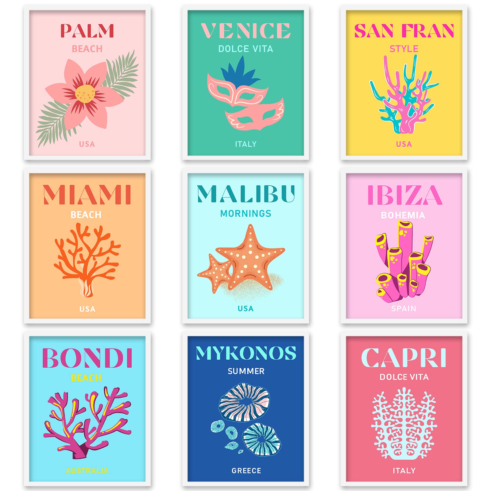 Whaline 9Pcs Preppy Travel Wall Art Prints Colorful Abstract Aesthetic Room Decor Minimalist Poster for Teen Girls Bedroom Pink 