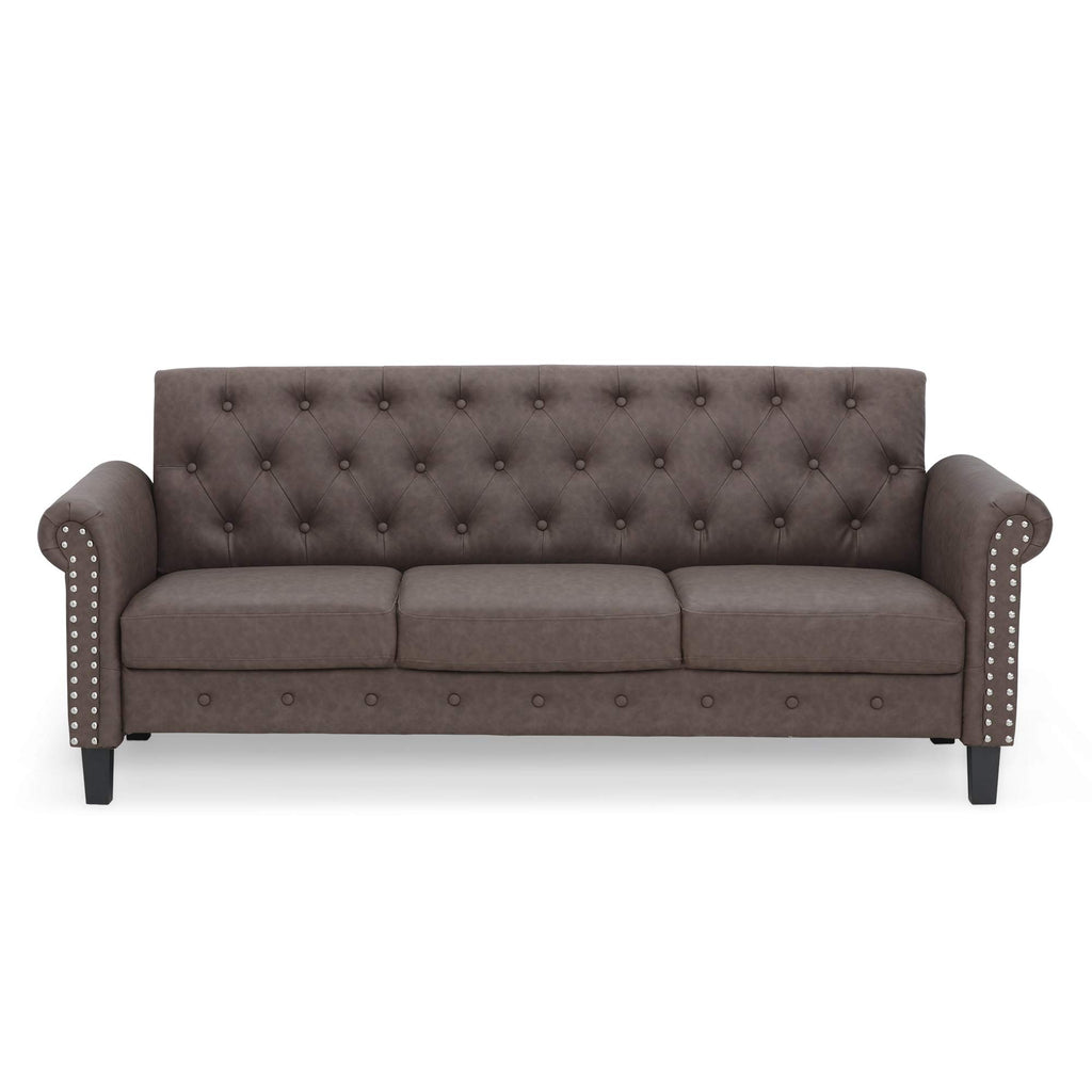 Furinno Bastia Vintage Modern Chesterfield Button Tufted 3-Seater Sofa Couch For Living Room, Brown Faux Leather