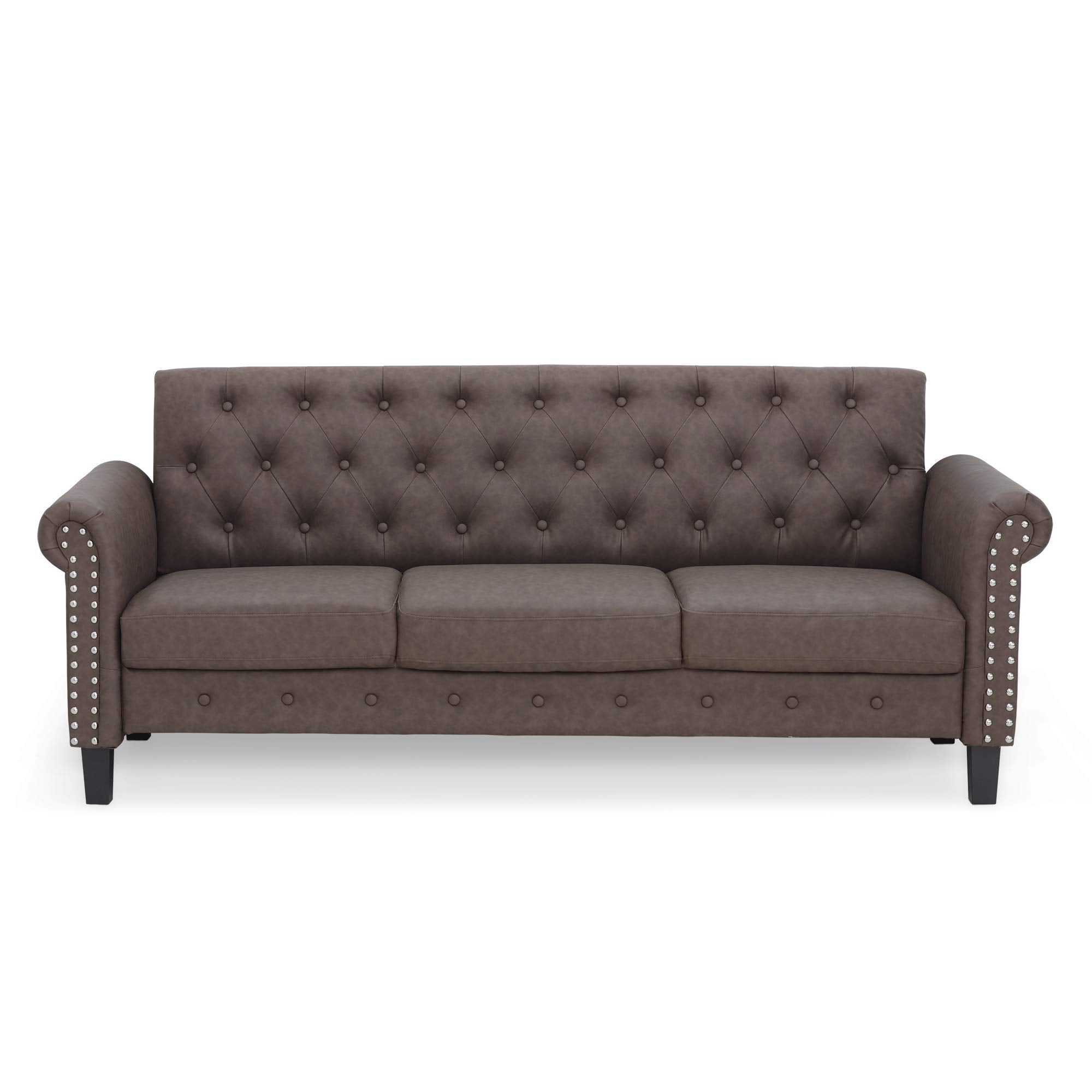 Furinno Bastia Vintage Modern Chesterfield Button Tufted 3-Seater Sofa Couch For Living Room, Brown Faux Leather