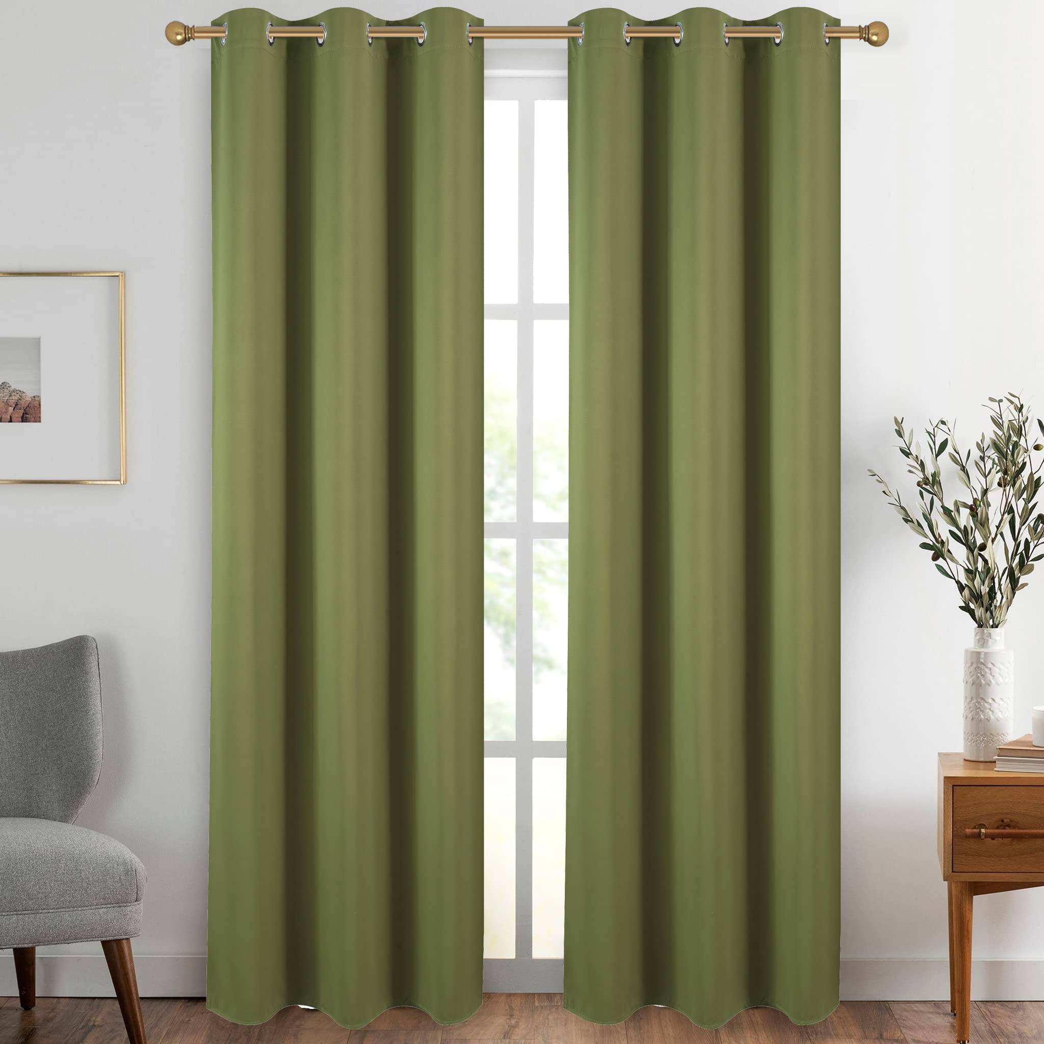 Diraysid Olive Green Grommet Blackout Curtains for Bedroom Thermal Insulated Room Darkening Curtains Drapes, 42 x 84 inch, 2 Pan