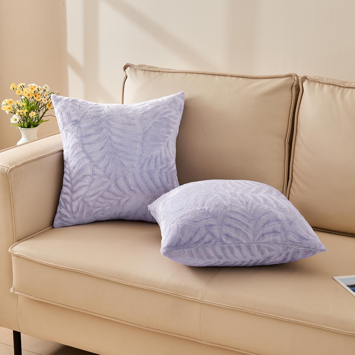 Sochow Decorative Throw Pillow Covers 20X20 Inches Set Of 2, Soft Leaves Textured Flannel Fleece Pillowcase Square Cushion Cover