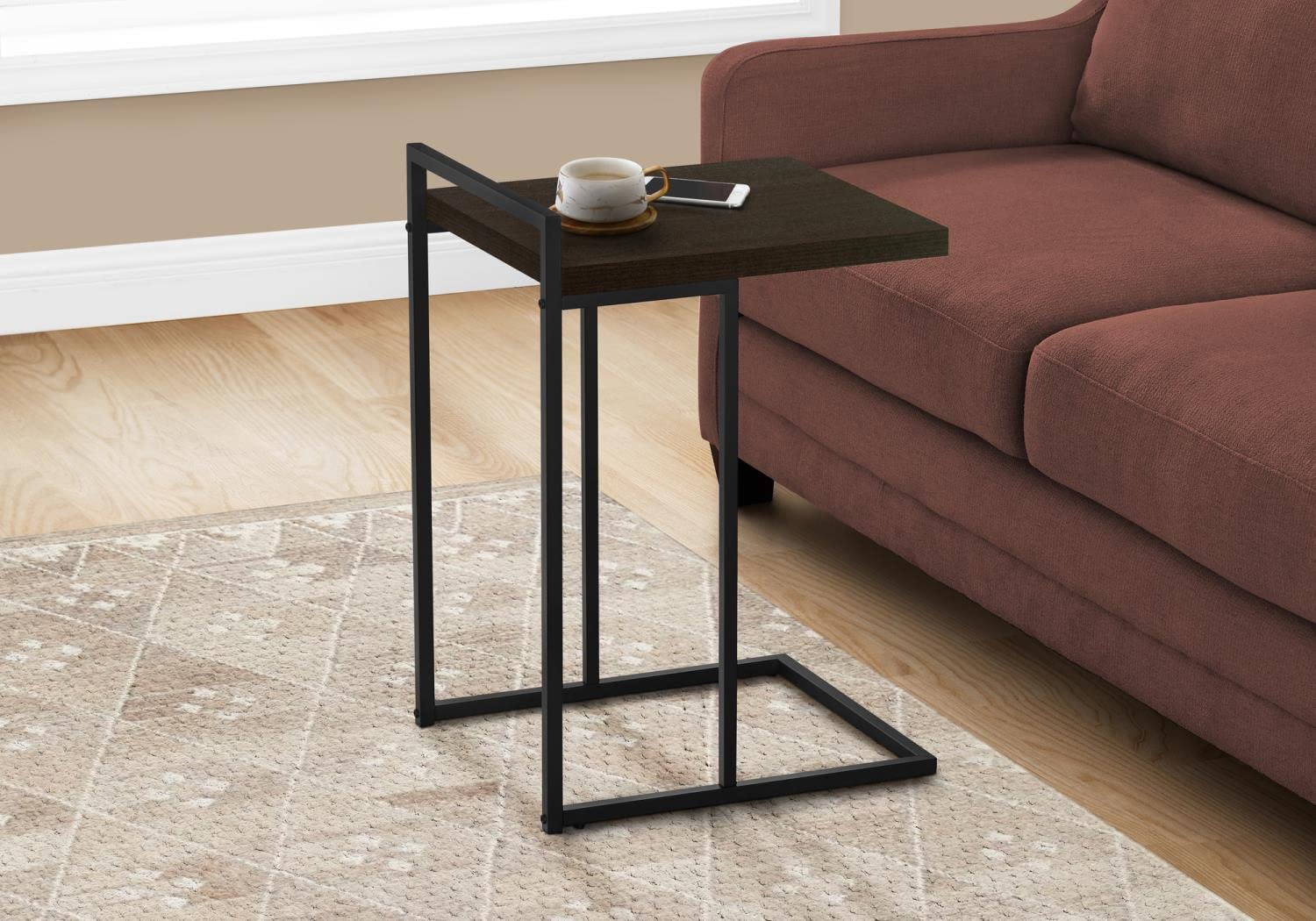 Monarch Specialties 3635 Accent Table, C-Shaped, End, Side, Snack, Living Room, Bedroom, Laminate, Brown, Contemporary, Modern Table-25 H/Espresso/Black Metal, 16&quot; L x 18.25&quot; W x 26.5&quot; H