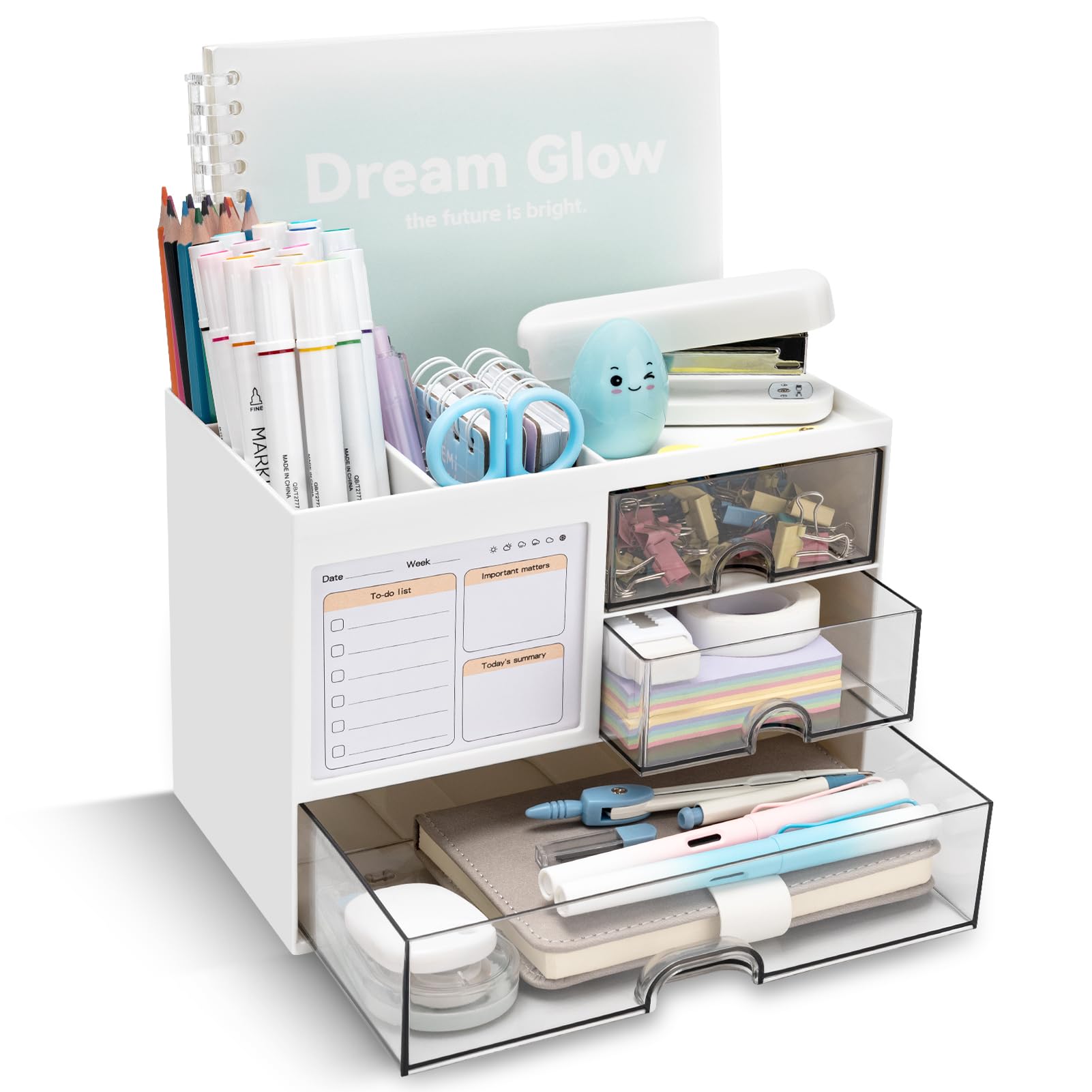 Qiyvlos Desk Organizer With 3 Drawer, Multi-Functional Pencil Pen Holder For Desk, Desk Organizers And Storage With 8 Compartmen