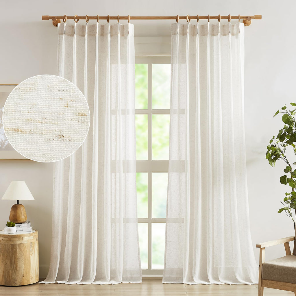 FMFUNCTEX Linen Sheer Pinch Pleated Curtains for Living Room, Linen Flax Beige 96 Inches Long Sheer Curtain Panels for Bedroom, 