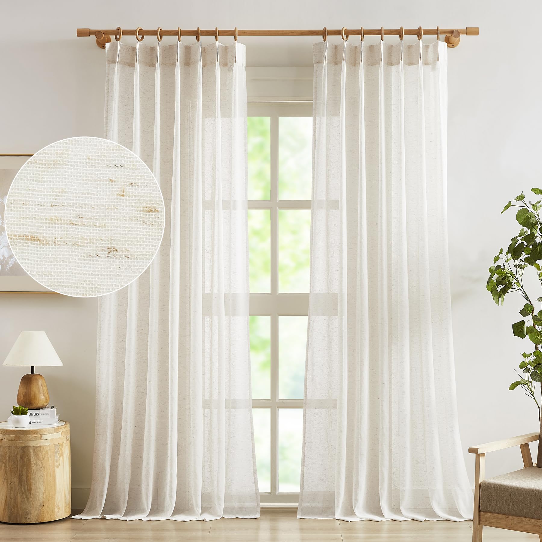 FMFUNCTEX Linen Sheer Pinch Pleated Curtains for Living Room, Linen Flax Beige 96 Inches Long Sheer Curtain Panels for Bedroom, 