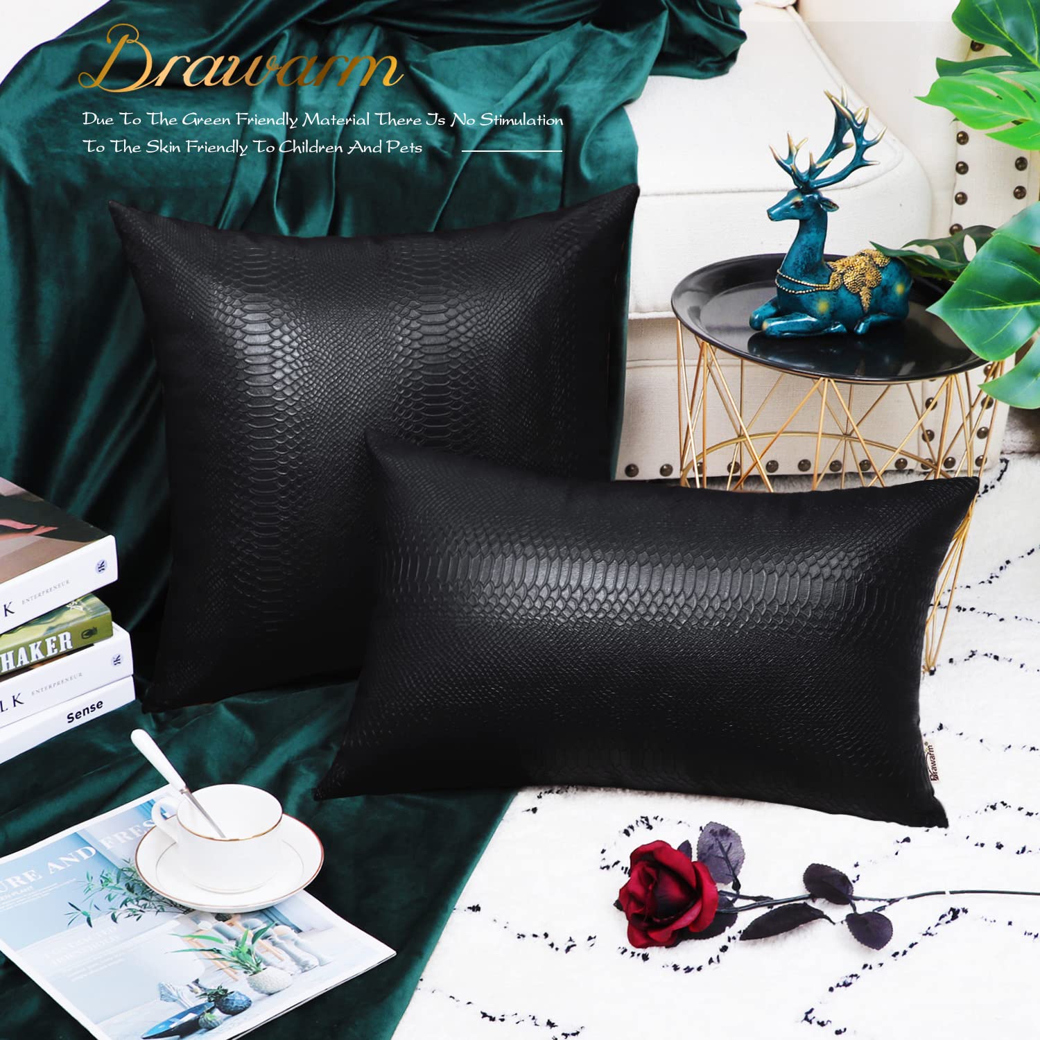 Brawarm Black Leather Throw Pillows 12 X 20 Inches, Snake Leather Pillow Covers Pack Of 2, Faux Leather Decorative Lumbar Pillow