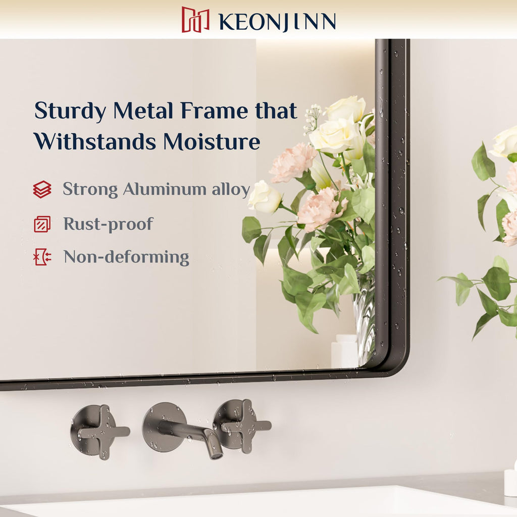 Keonjinn Black Metal Framed Bathroom Mirrors For Wall, 20 X 30 Inch Rounded Rectangle Bathroom Vanity Mirror, Matte Black Farmho