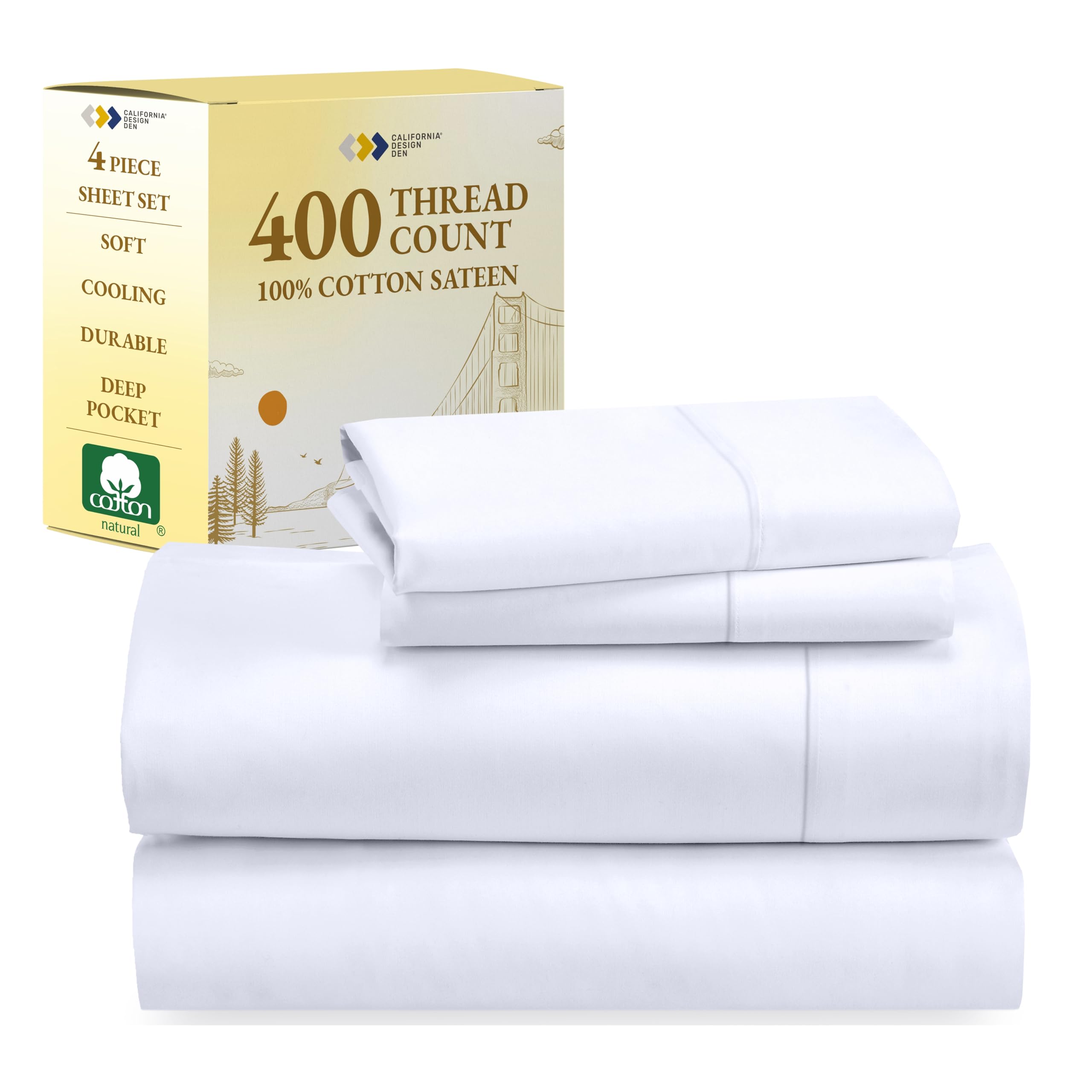 California Design Den Queen Size Bed Set, Good Housekeeping Award Winner, 400 Thread Count 100% Cotton Sheets Sateen, Deep Pocke