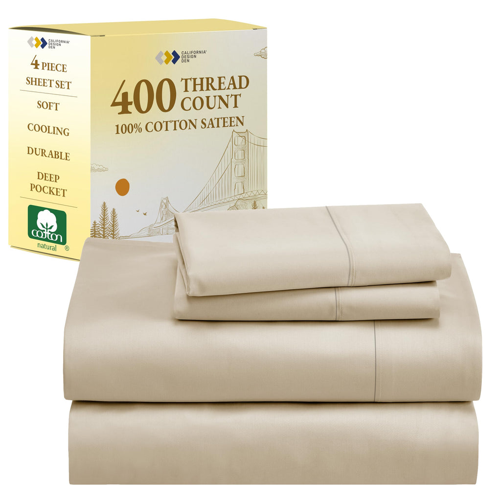 California Design Den Queen Sheet Set, 100% Cotton 400 Thread Count Sateen Cotton Sheets, Soft & Breathable,Cooling Deep Pocket