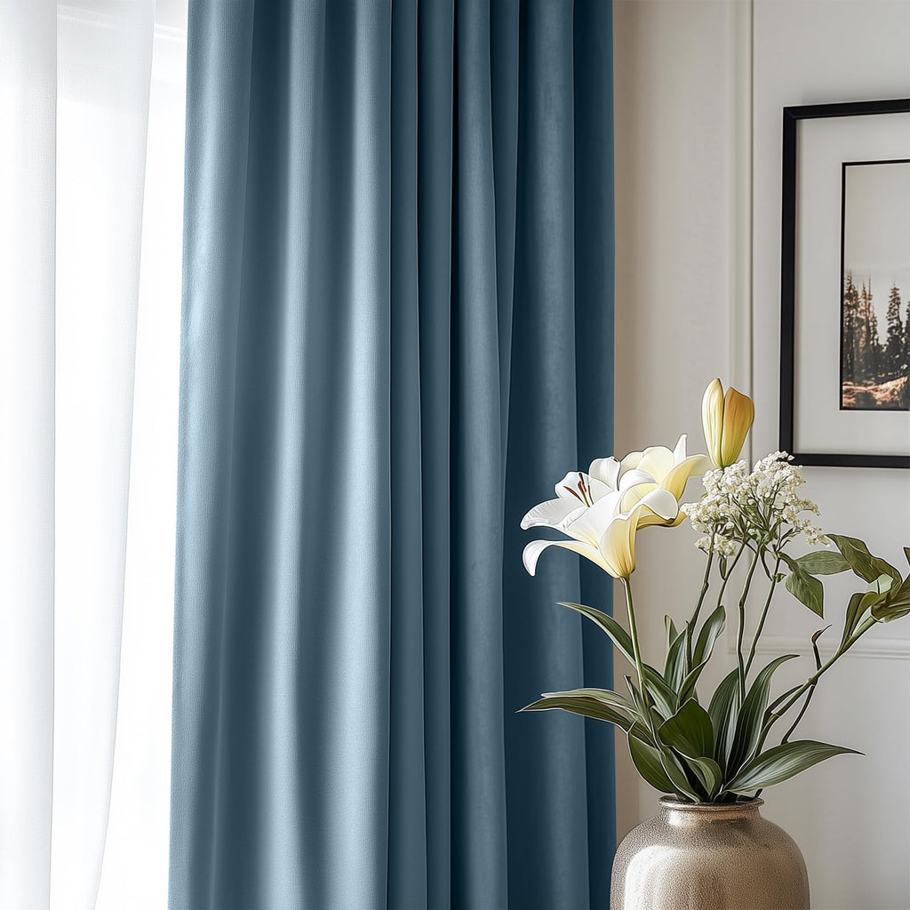 Lazzzy Blackout Velvet Curtains Blue Thermal Insulated Curtains 90 Inch Long Drapes For Bedroom Living Room Darkening Window Treatments Grommet Living Room Curtains Set Of 2 Panels Dark Slate