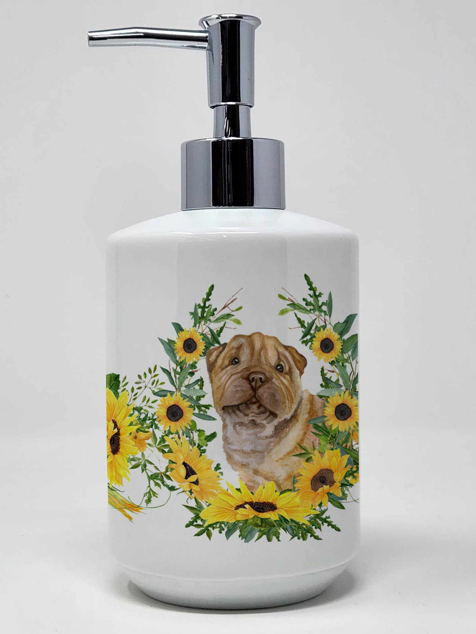 Caroline's Treasures CK2911SOAP Shar Pei Puppy in Sunflowers Ceramic Soap Dispenser Hand Soap Dispenser Pump Bottles for Bathroo