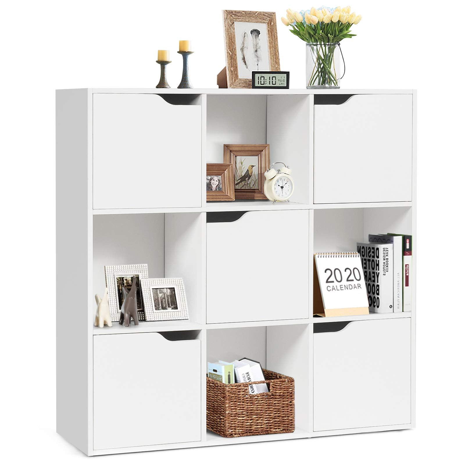 Dortala 9-Cube Storage Organizer Cabinet W/Doors, Compartment Display Unit W/ 4 Open Cubes & 5 Cabinets For Home Office, 3-Tier Bookshelf For Books, Toys & Decorations, 9 Cubes