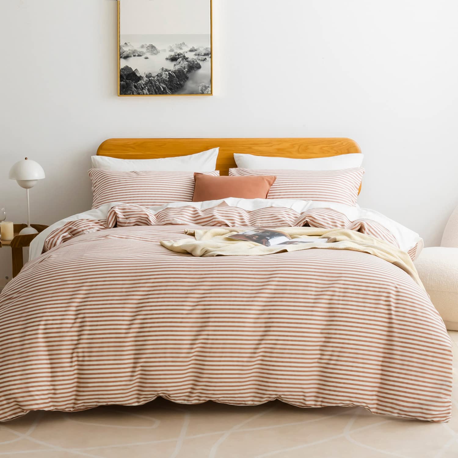 Jellymoni 100% Natural Cotton 2Pcs Striped Duvet Cover Sets,White Duvet Cover With Pink Stripes Pattern Printed Comforter Cover,