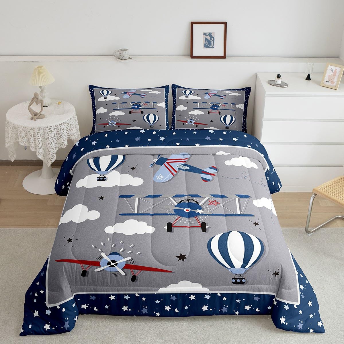 Kids Cartoon Airplane Comforter Set Twin Size Navy Stripes Hot Air Balloon Aircraft Bedding Set 2Pcs Boys Teens Room Decor Cloud