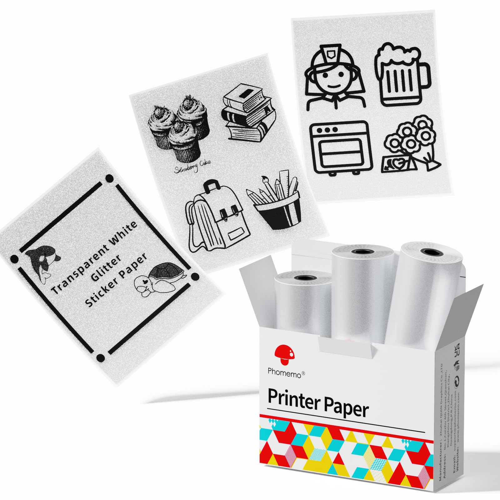 Phomemo Transparent White Glitter Thermal Sticker Paper For Phomemo M02/M02 Pro/M02S/M03, 50Mm X 3.5M, Diameter 30Mm, 3 Rolls