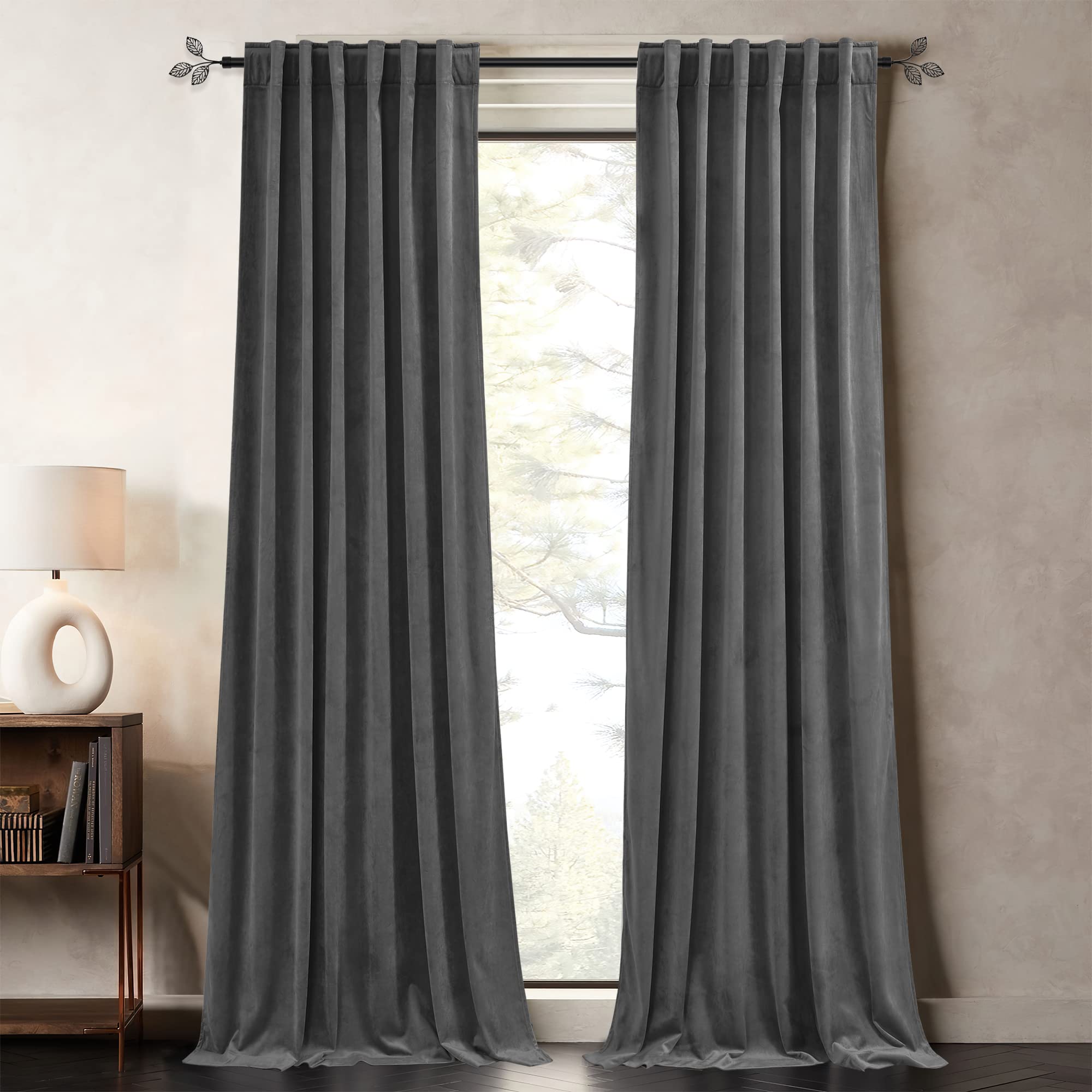 Pony Dance Dim Gray Blackout Velvet Curtains 96 Inches Long - Block Light Thermal Insulated Velour Rod Pocket Drapes For Bedroom