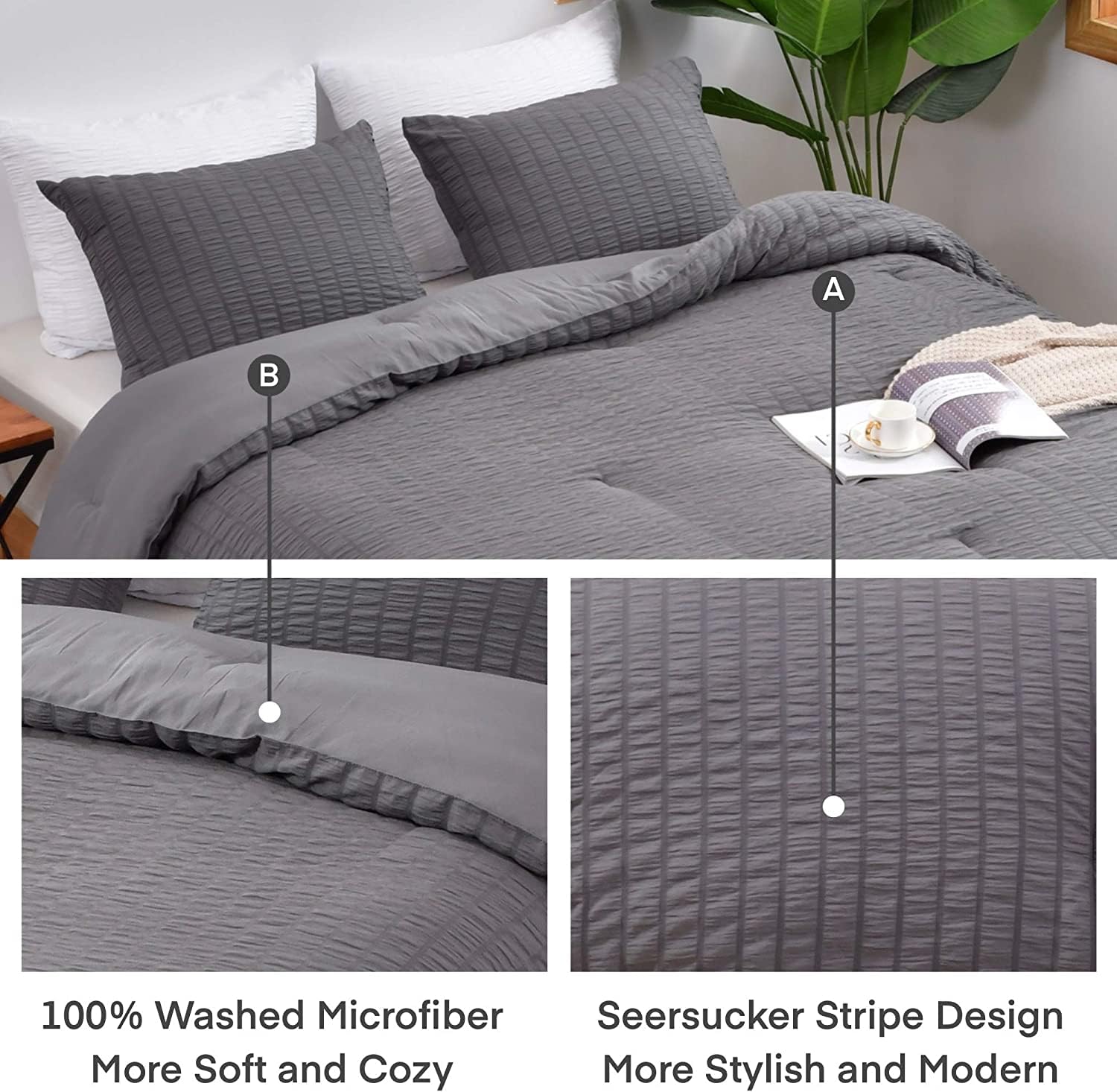 Avelom Dark Gray Seersucker California King Comforter Set (104X96 Inches), 3 Pieces-100% Soft Washed Microfiber Lightweight Comforter With 2 Pillowcases, All Season Down Alternative Bedding Set