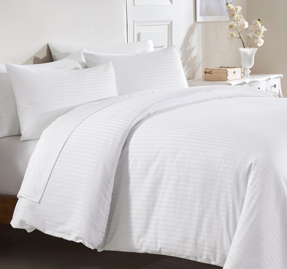 California Design Den Stripe Duvet Cover Queen Size, 400 Thread Count Sateen 100% Cotton Comforter Cover, 2 Pillow Shams, 3-Pc B