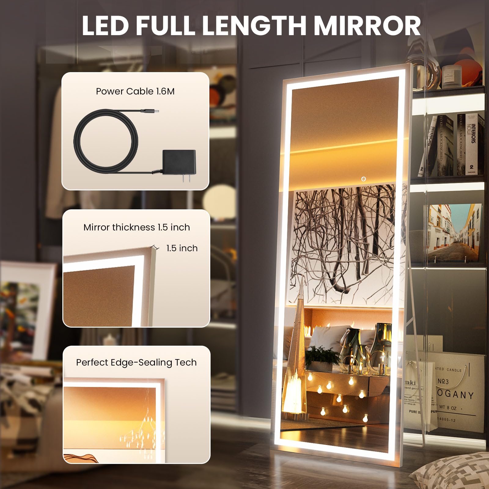 Pertetey 79X36 Inch Led Full Length Mirror With Lights, White Frame Lighted Floor Mirror, Dimmable & 3 Color Modes Led Full Body