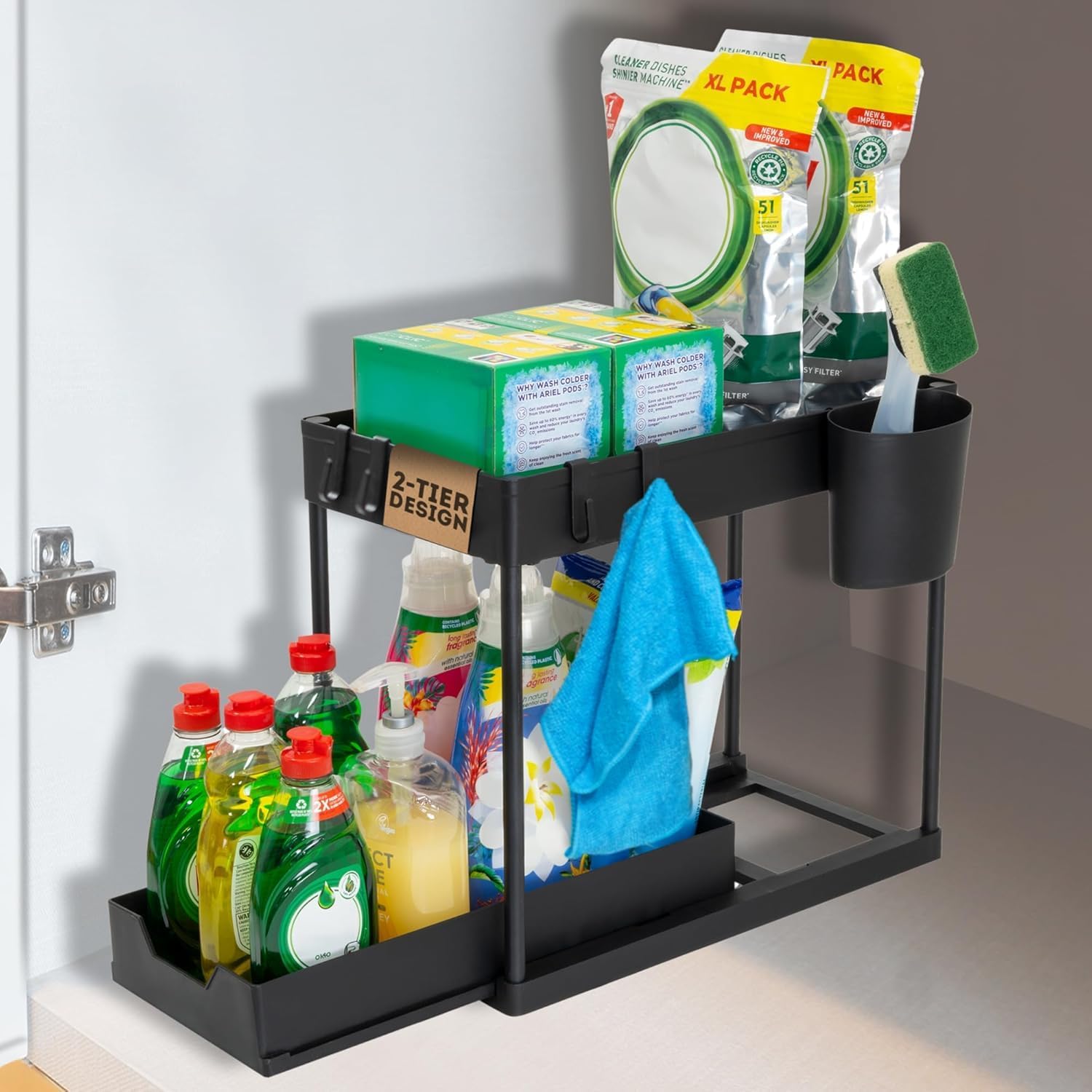 Prant 2 Tier Under Sink Storage Organiser With Slide Out Drawer | Multipurpose Kitchen Sink Rack For Cleaning Supplies, Bottles,