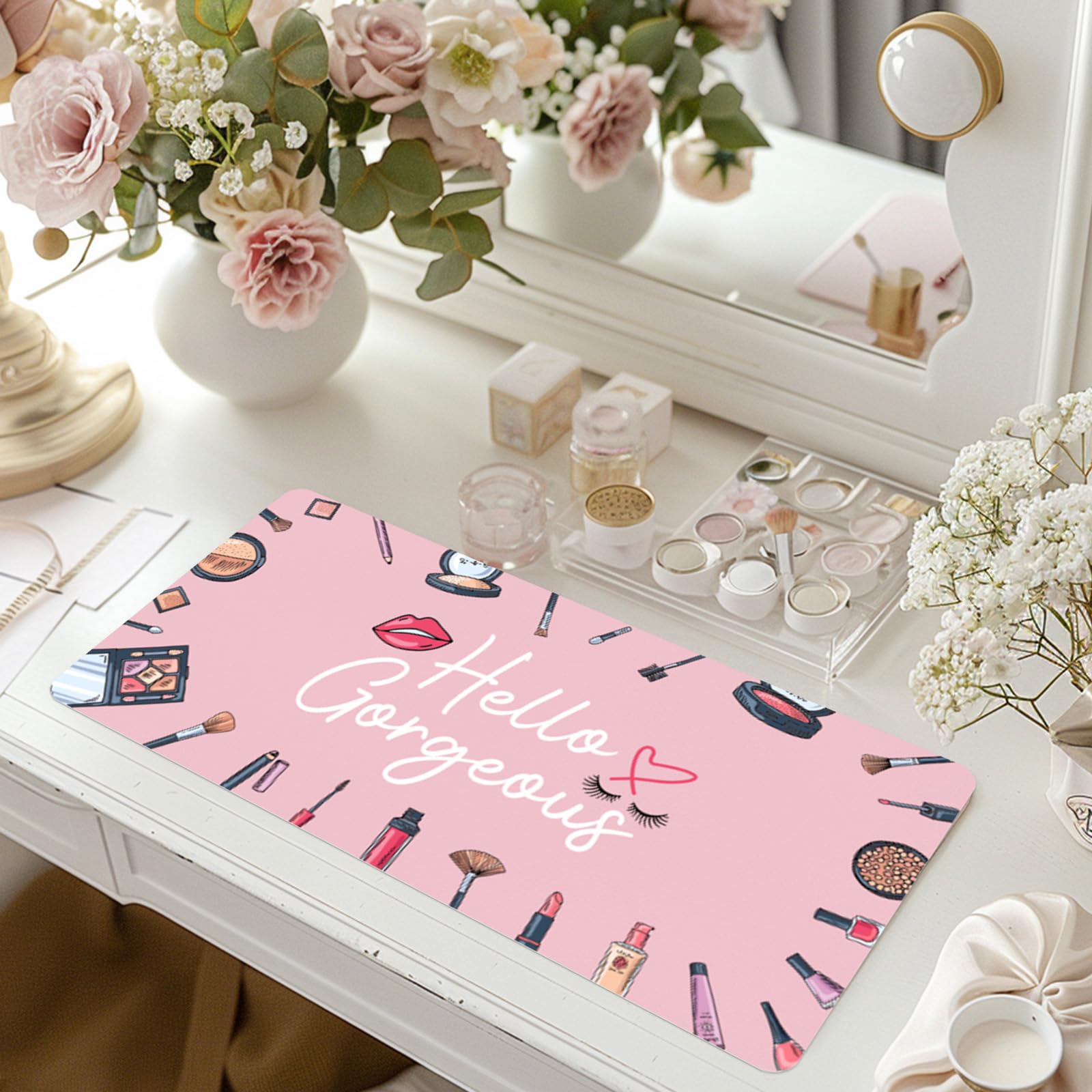 Makeup Mat for Vanity Top Protector, Dual-Sided Vanity Mat Waterproof Dressing Desk Makeup Table Cover Pad Hello Gorgeous (Baby 